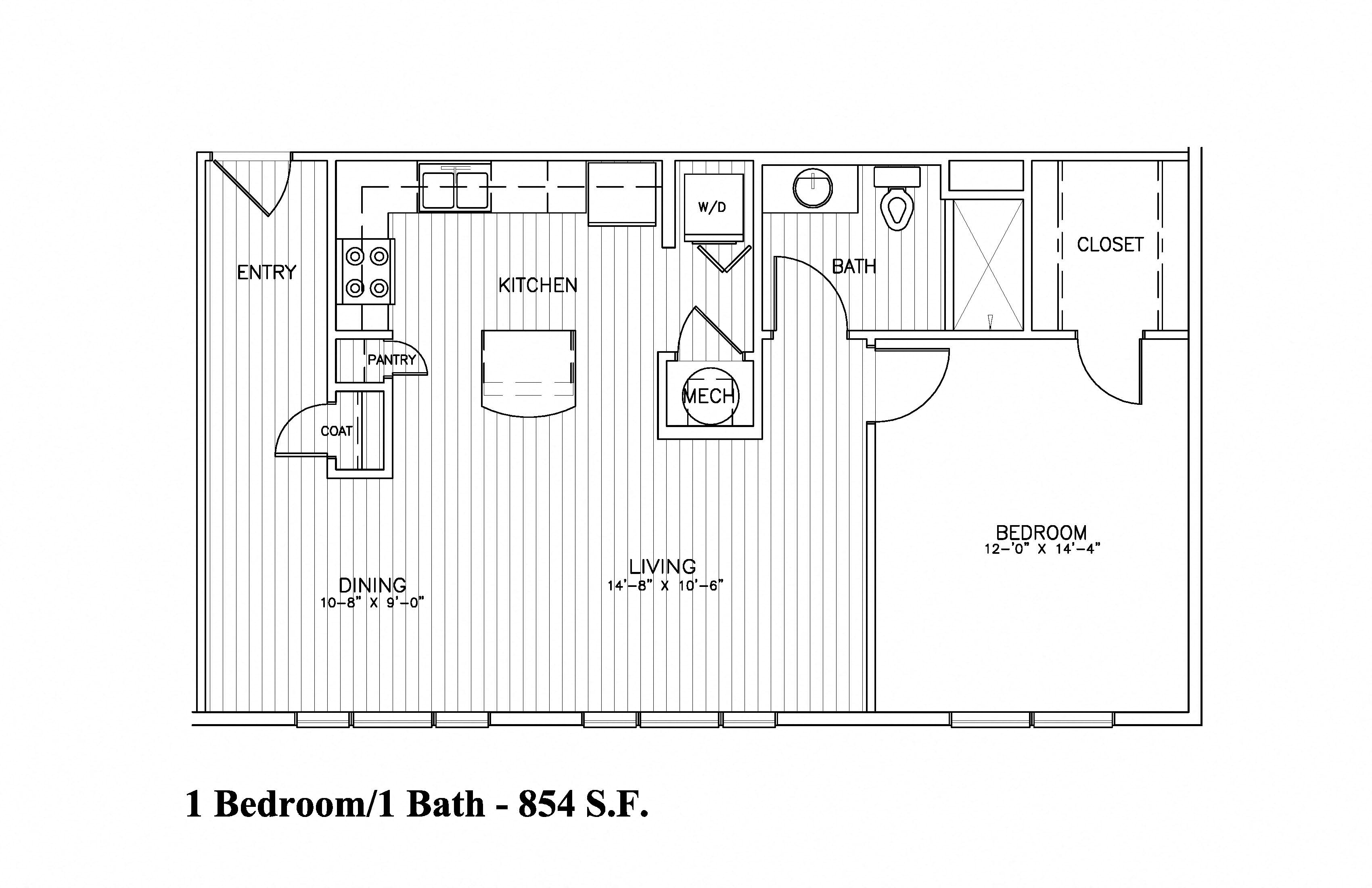 Floor plan for 1 bed, 1 bath, 845 sqft